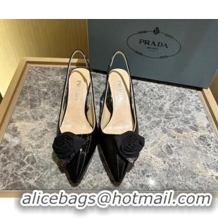 Good Quality Prada Patent Leather Slingback Pumps 5cm with Fabric Flower Black 612140