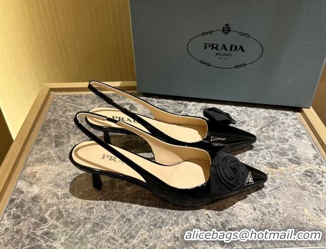 Good Quality Prada Patent Leather Slingback Pumps 5cm with Fabric Flower Black 612140