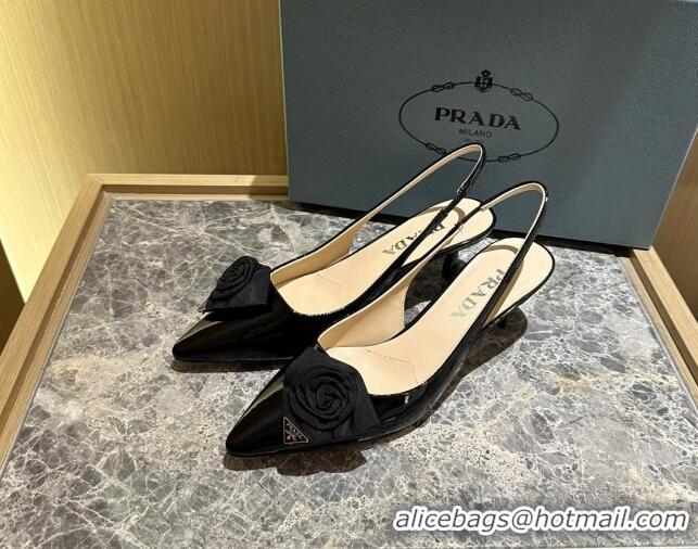 Good Quality Prada Patent Leather Slingback Pumps 5cm with Fabric Flower Black 612140