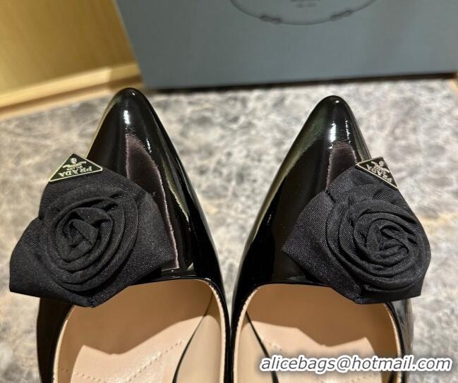 Good Quality Prada Patent Leather Slingback Pumps 5cm with Fabric Flower Black 612140