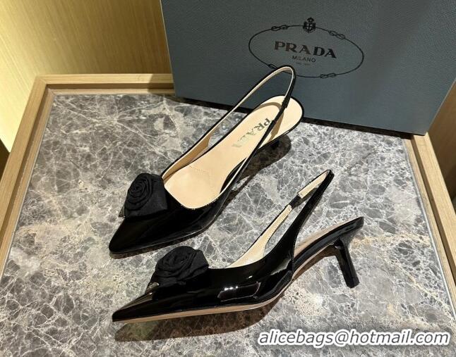 Good Quality Prada Patent Leather Slingback Pumps 5cm with Fabric Flower Black 612140