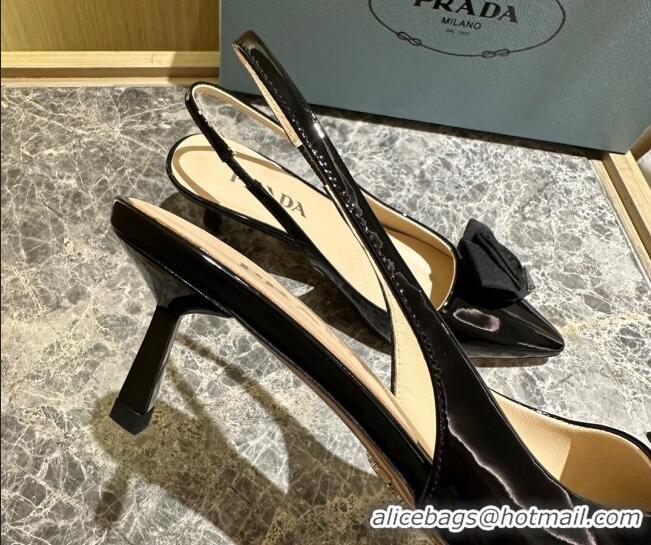 Good Quality Prada Patent Leather Slingback Pumps 5cm with Fabric Flower Black 612140