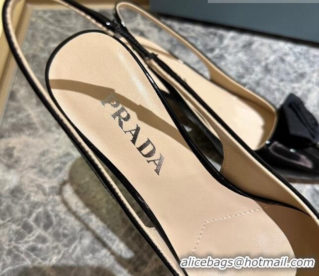 Good Quality Prada Patent Leather Slingback Pumps 5cm with Fabric Flower Black 612140