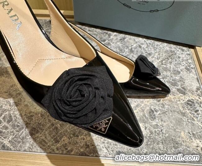 Good Quality Prada Patent Leather Slingback Pumps 5cm with Fabric Flower Black 612140