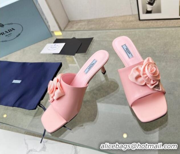 Classic Hot Prada Brushed Leather Heel Slide Sandals 5.5cm with Fabric Flower Pink 612145