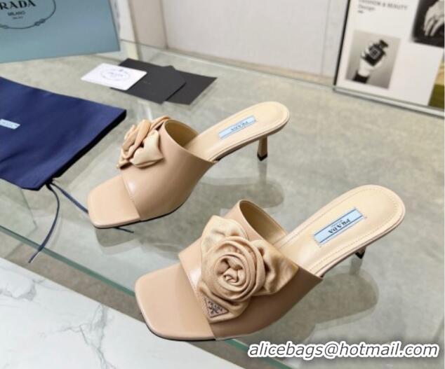 Classic Specials Prada Brushed Leather Heel Slide Sandals 5.5cm with Fabric Flower Beige 612146