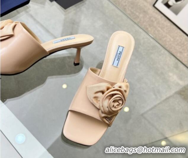 Classic Specials Prada Brushed Leather Heel Slide Sandals 5.5cm with Fabric Flower Beige 612146