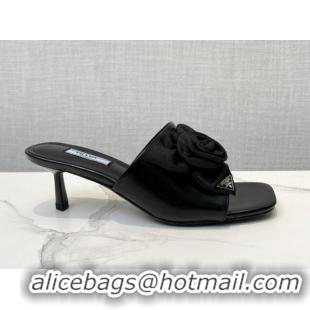 Good Product Prada Brushed Leather Heel Slide Sandals 5.5cm with Fabric Flower Black 612147