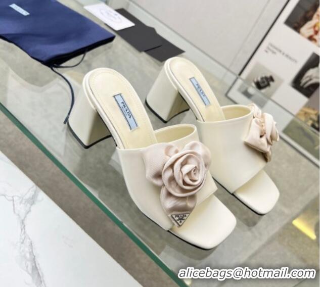 Trendy Design Prada Brushed Leather Heel Slide Sandals 7.5cm with Fabric Flower White 612148