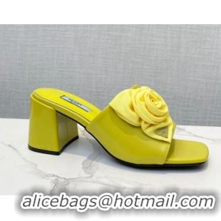 Sumptuous Prada Brushed Leather Heel Slide Sandals 7.5cm with Fabric Flower Yellow 612149