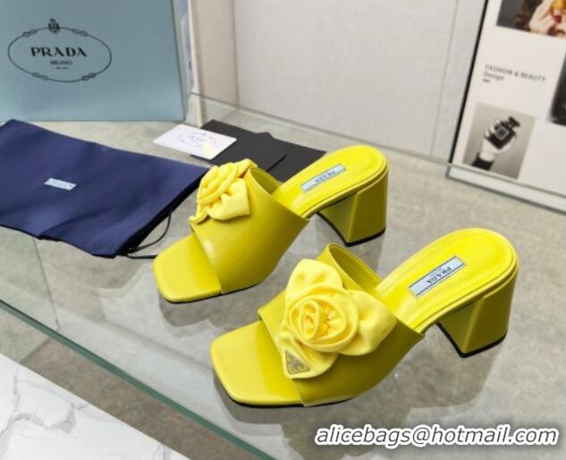 Sumptuous Prada Brushed Leather Heel Slide Sandals 7.5cm with Fabric Flower Yellow 612149