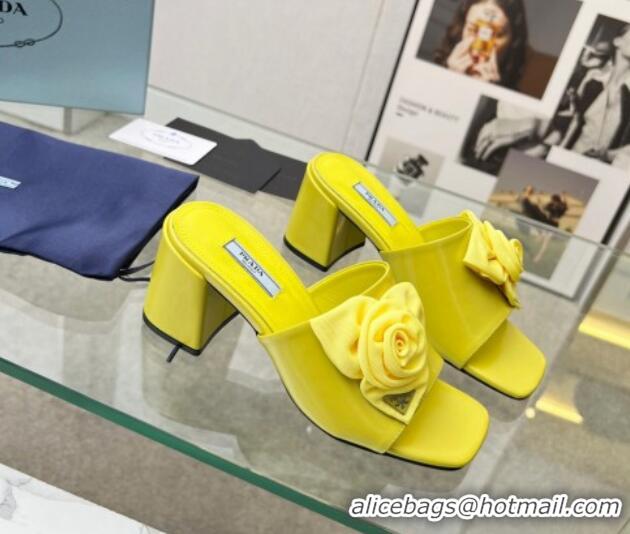 Sumptuous Prada Brushed Leather Heel Slide Sandals 7.5cm with Fabric Flower Yellow 612149