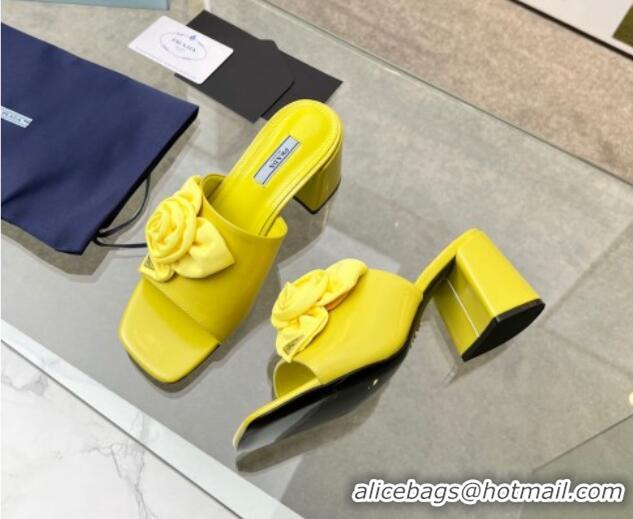 Sumptuous Prada Brushed Leather Heel Slide Sandals 7.5cm with Fabric Flower Yellow 612149