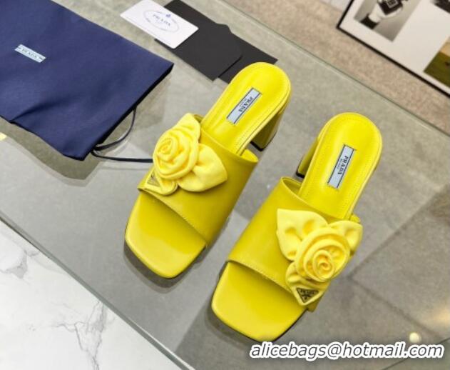 Sumptuous Prada Brushed Leather Heel Slide Sandals 7.5cm with Fabric Flower Yellow 612149