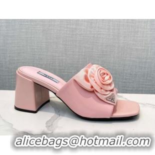 Hot Style Prada Brushed Leather Heel Slide Sandals 7.5cm with Fabric Flower Pink 612151