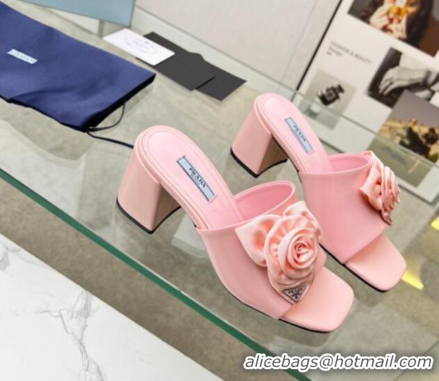 Hot Style Prada Brushed Leather Heel Slide Sandals 7.5cm with Fabric Flower Pink 612151