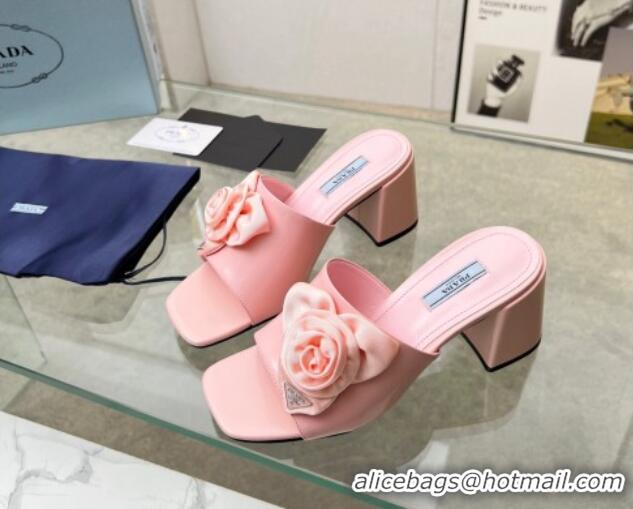 Hot Style Prada Brushed Leather Heel Slide Sandals 7.5cm with Fabric Flower Pink 612151