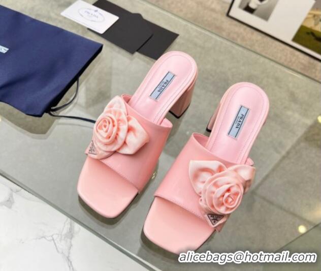 Hot Style Prada Brushed Leather Heel Slide Sandals 7.5cm with Fabric Flower Pink 612151