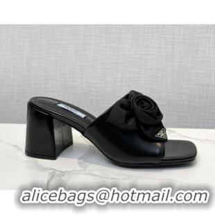 Stylish Prada Brushed Leather Heel Slide Sandals 7.5cm with Fabric Flower Black 612152