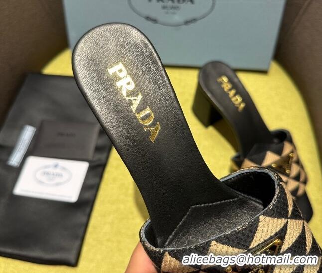 Top Design Prada Embroidered fabric heel slides 6.5cm Beige/Black 612161