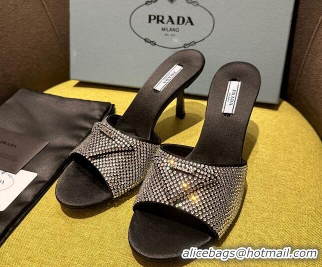 Sophisticated Prada Satin Heel Slide Sandals 7.5cm with Crystals Black 612164