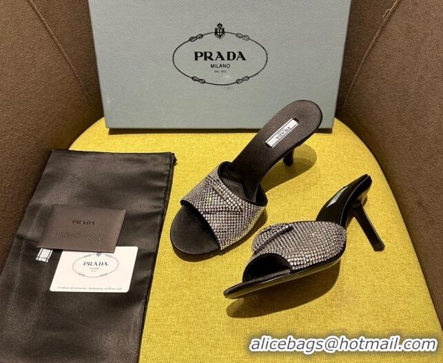 Sophisticated Prada Satin Heel Slide Sandals 7.5cm with Crystals Black 612164