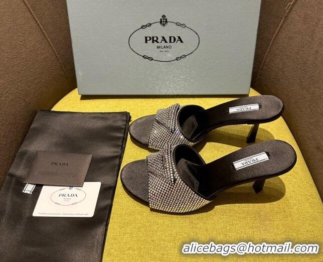 Sophisticated Prada Satin Heel Slide Sandals 7.5cm with Crystals Black 612164