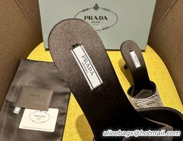 Sophisticated Prada Satin Heel Slide Sandals 7.5cm with Crystals Black 612164