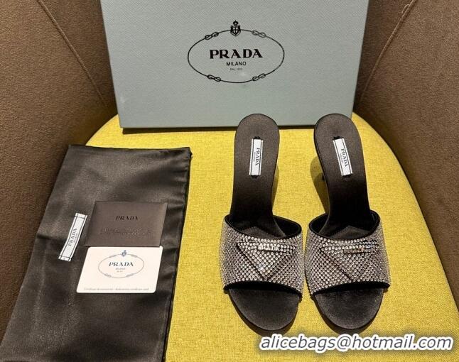 Sophisticated Prada Satin Heel Slide Sandals 7.5cm with Crystals Black 612164