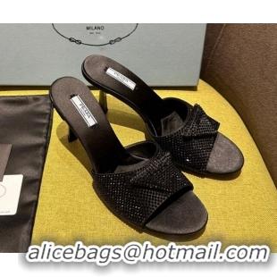 Top Grade Prada Satin Heel Slide Sandals 7.5cm with Crystals Black 612165