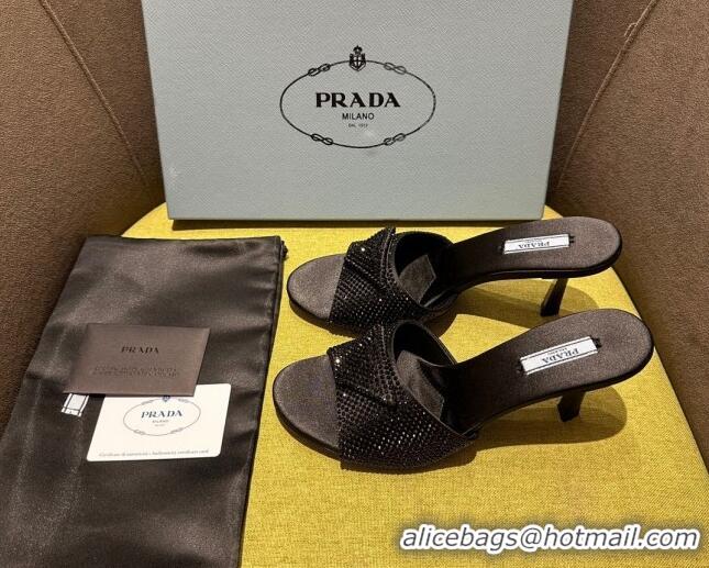 Top Grade Prada Satin Heel Slide Sandals 7.5cm with Crystals Black 612165