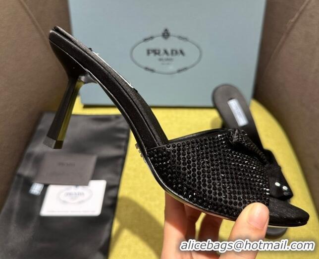 Top Grade Prada Satin Heel Slide Sandals 7.5cm with Crystals Black 612165