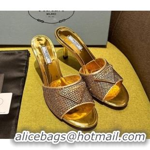 Popular Style Prada Metallic Leather Heel Slide Sandals 7.5cm with Crystals Gold 612166