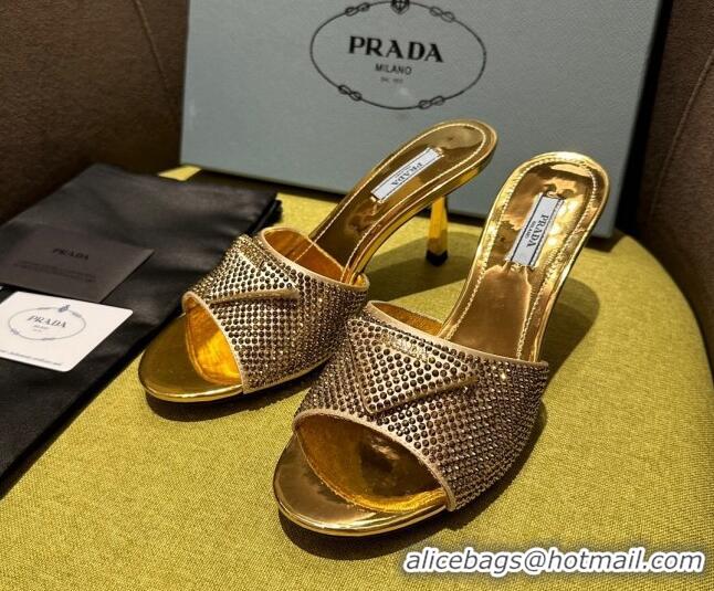 Popular Style Prada Metallic Leather Heel Slide Sandals 7.5cm with Crystals Gold 612166