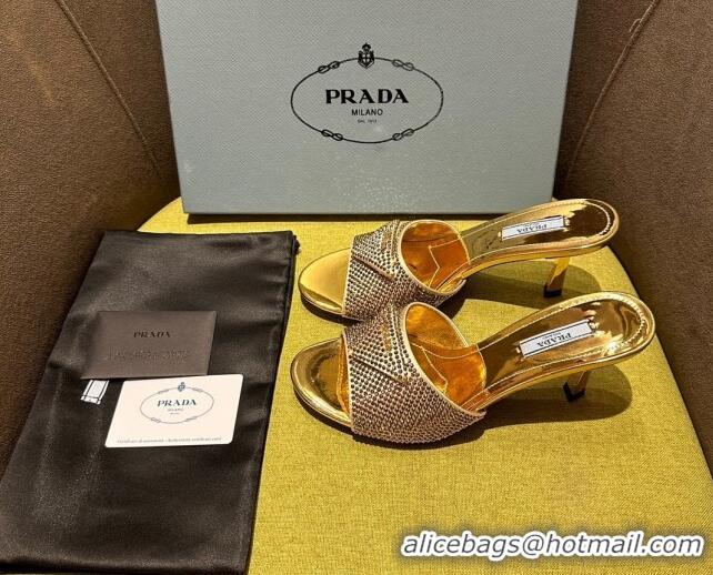 Popular Style Prada Metallic Leather Heel Slide Sandals 7.5cm with Crystals Gold 612166