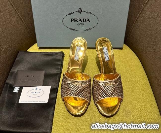 Popular Style Prada Metallic Leather Heel Slide Sandals 7.5cm with Crystals Gold 612166