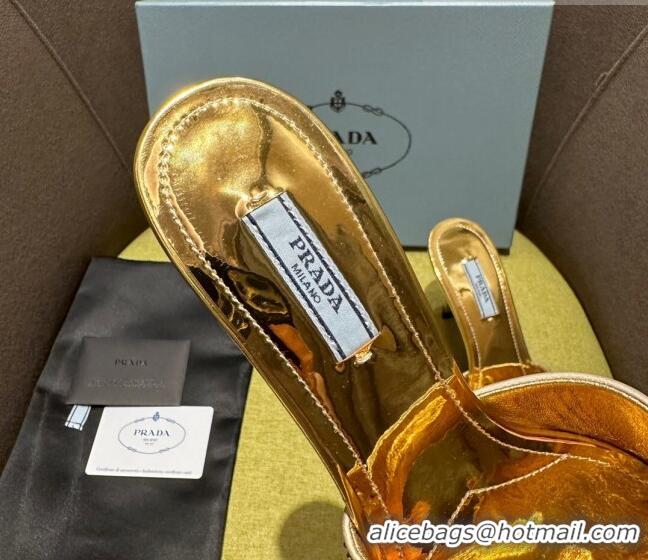 Popular Style Prada Metallic Leather Heel Slide Sandals 7.5cm with Crystals Gold 612166