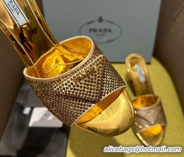 Popular Style Prada Metallic Leather Heel Slide Sandals 7.5cm with Crystals Gold 612166