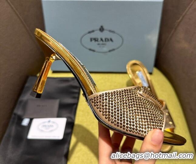 Popular Style Prada Metallic Leather Heel Slide Sandals 7.5cm with Crystals Gold 612166