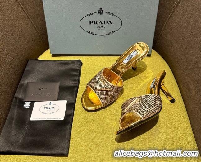 Popular Style Prada Metallic Leather Heel Slide Sandals 7.5cm with Crystals Gold 612166