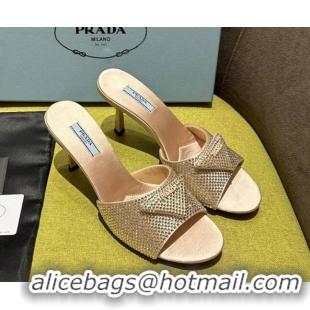 Unique Style Prada Satin Heel Slide Sandals 7.5cm with Crystals Light Pink 612167