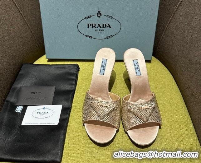 Unique Style Prada Satin Heel Slide Sandals 7.5cm with Crystals Light Pink 612167