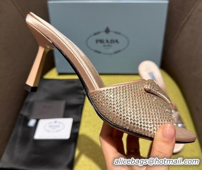 Unique Style Prada Satin Heel Slide Sandals 7.5cm with Crystals Light Pink 612167