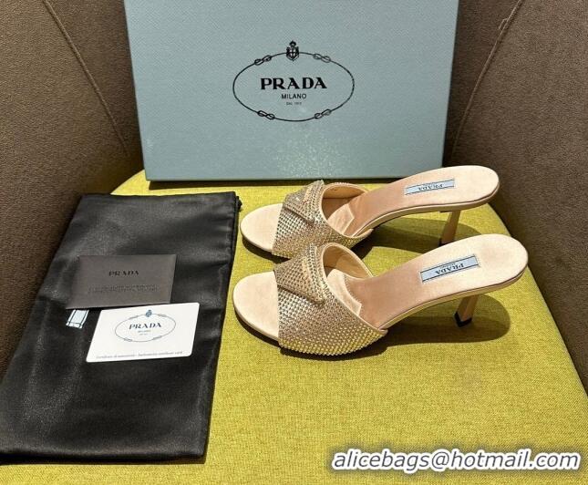 Unique Style Prada Satin Heel Slide Sandals 7.5cm with Crystals Light Pink 612167