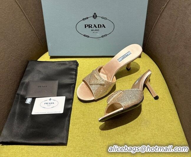 Unique Style Prada Satin Heel Slide Sandals 7.5cm with Crystals Light Pink 612167