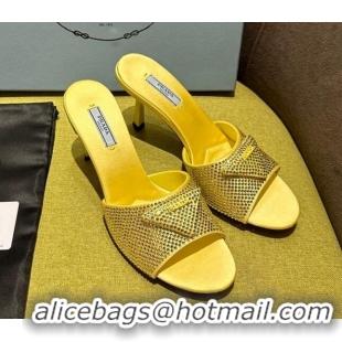 Durable Prada Satin Heel Slide Sandals 7.5cm with Crystals Yellow 612168