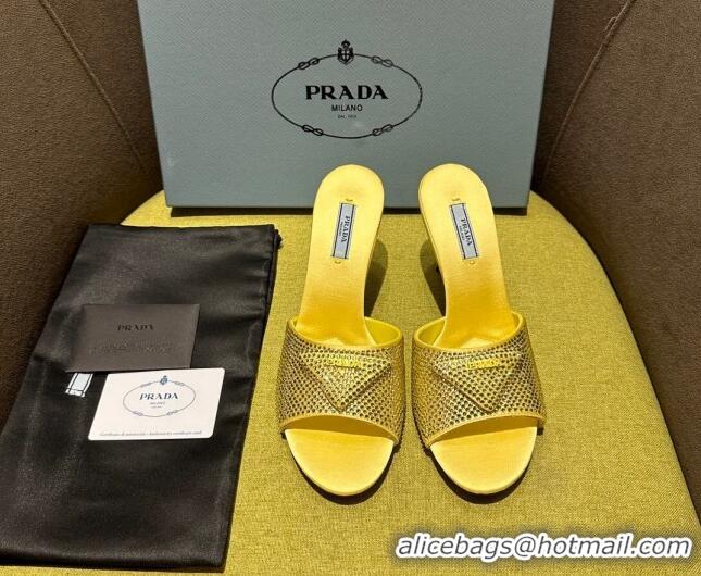 Durable Prada Satin Heel Slide Sandals 7.5cm with Crystals Yellow 612168