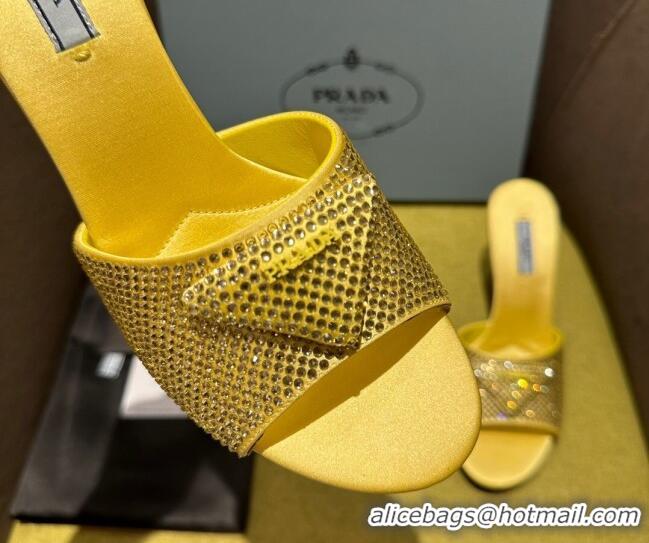 Durable Prada Satin Heel Slide Sandals 7.5cm with Crystals Yellow 612168