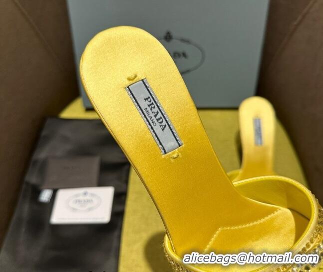 Durable Prada Satin Heel Slide Sandals 7.5cm with Crystals Yellow 612168