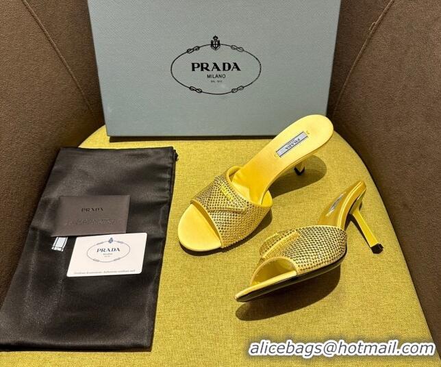 Durable Prada Satin Heel Slide Sandals 7.5cm with Crystals Yellow 612168